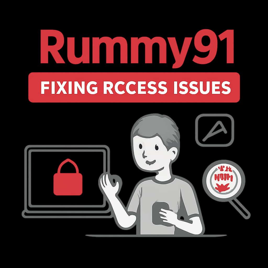 An educational illustration showing troubleshooting steps for Rummy91 access problems.