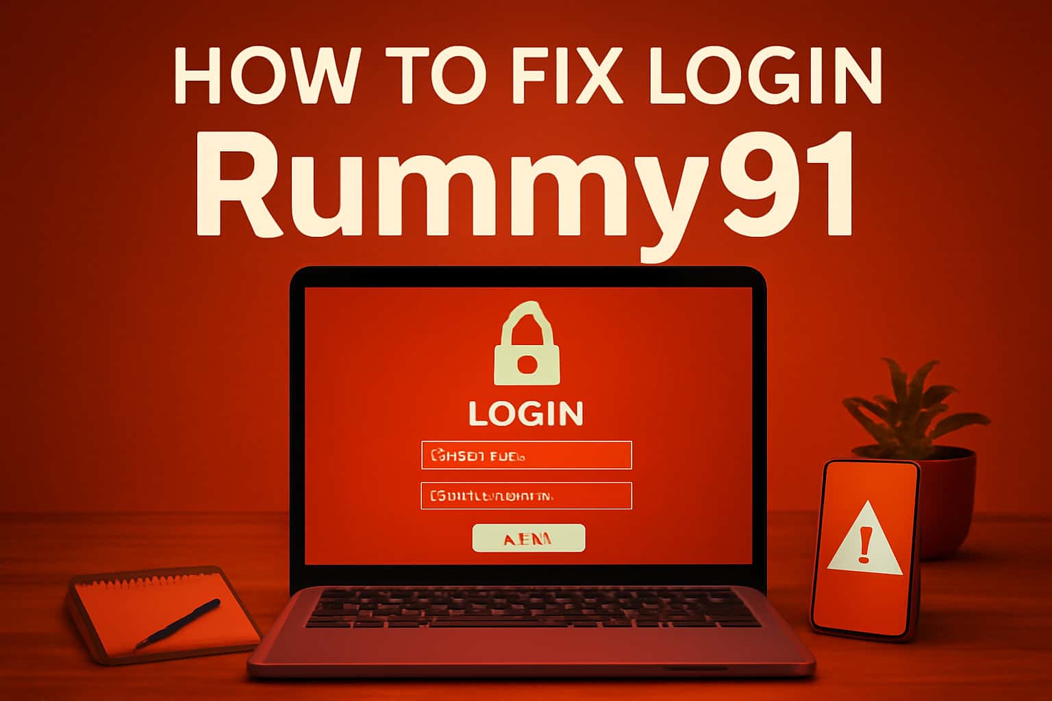 Informational scene illustrating how to resolve login issues for Rummy91.